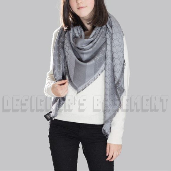 GUCCI 2-tone Steel Gray GGWEB giant 55"-sqr wool/silk pashmina shawl scarf NWT - Picture 7 of 7